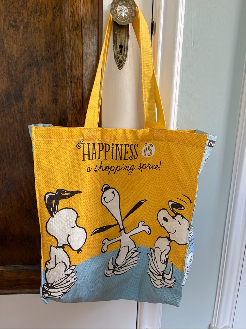 Vintage Hallmark light blue Peanuts-print canvas tote